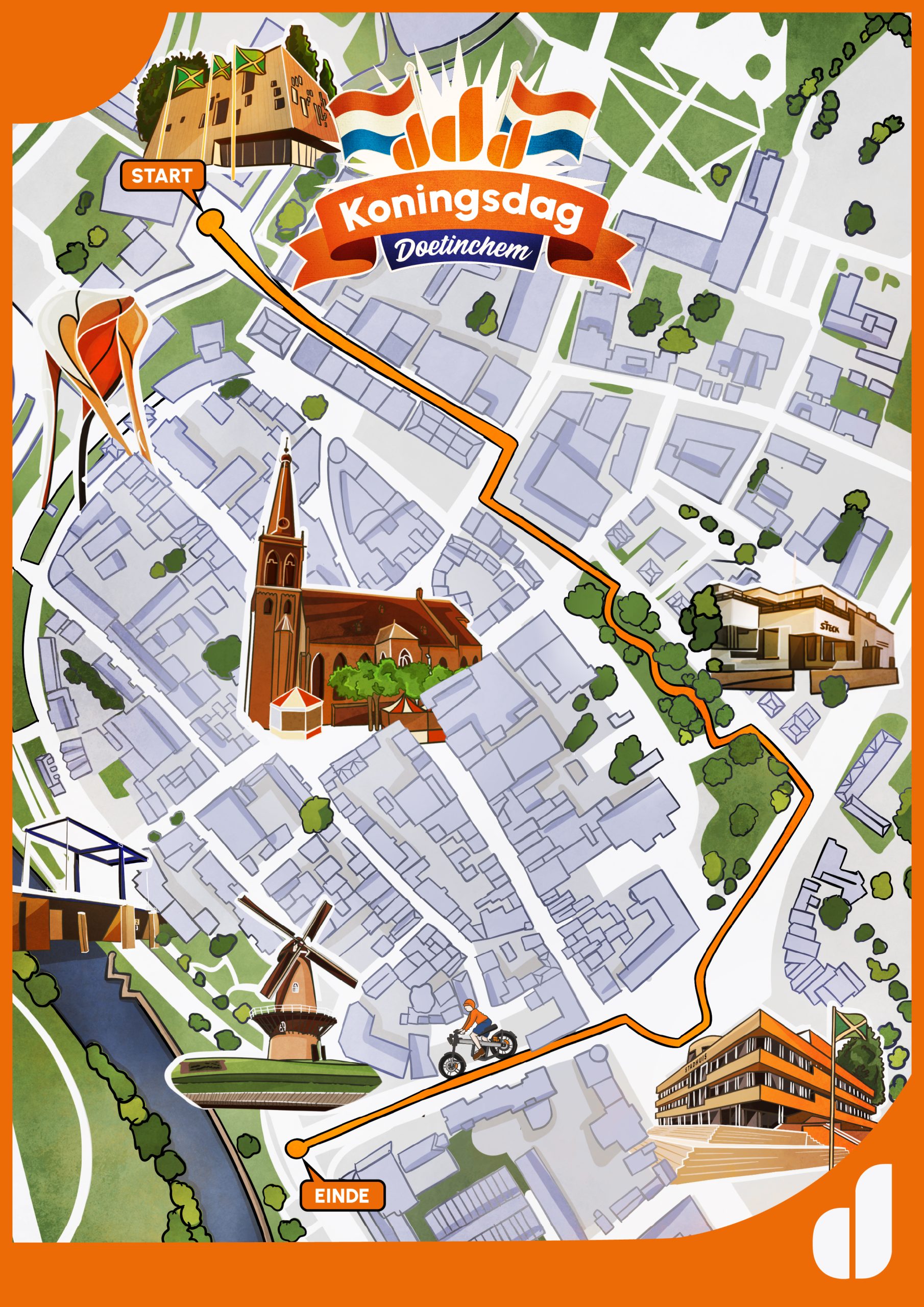 Plattegrond van het centrum van Doetinchem met hierop visueel de route aangeduid die de Koning op Koningsdag in Doetinchem gaat wandelen. De route start bij het Amphion. Via de Burgemeester van Nispenstraat loopt de route richting de Plantsoenstraat. Vanaf daar gaat de route naar de Raadhuisstraat. Vanaf de Raadhuisstraat gaat de route via de IJsselkade richting de Walmolen. Dit is het einde van de route. Op de kaart zijn een aantal bekende plekken in Doetinchem aangeduid. Zo zijn het Amphion theater, de Tand, de Catharinakerk, de Steck, het Stadhuis, de fietsbrug en de Walmolen te zien. De route is aangeduid met een oranje lijn. Bovenaan de kaart is het logo van Koningsdag in Doetinchem te zien.