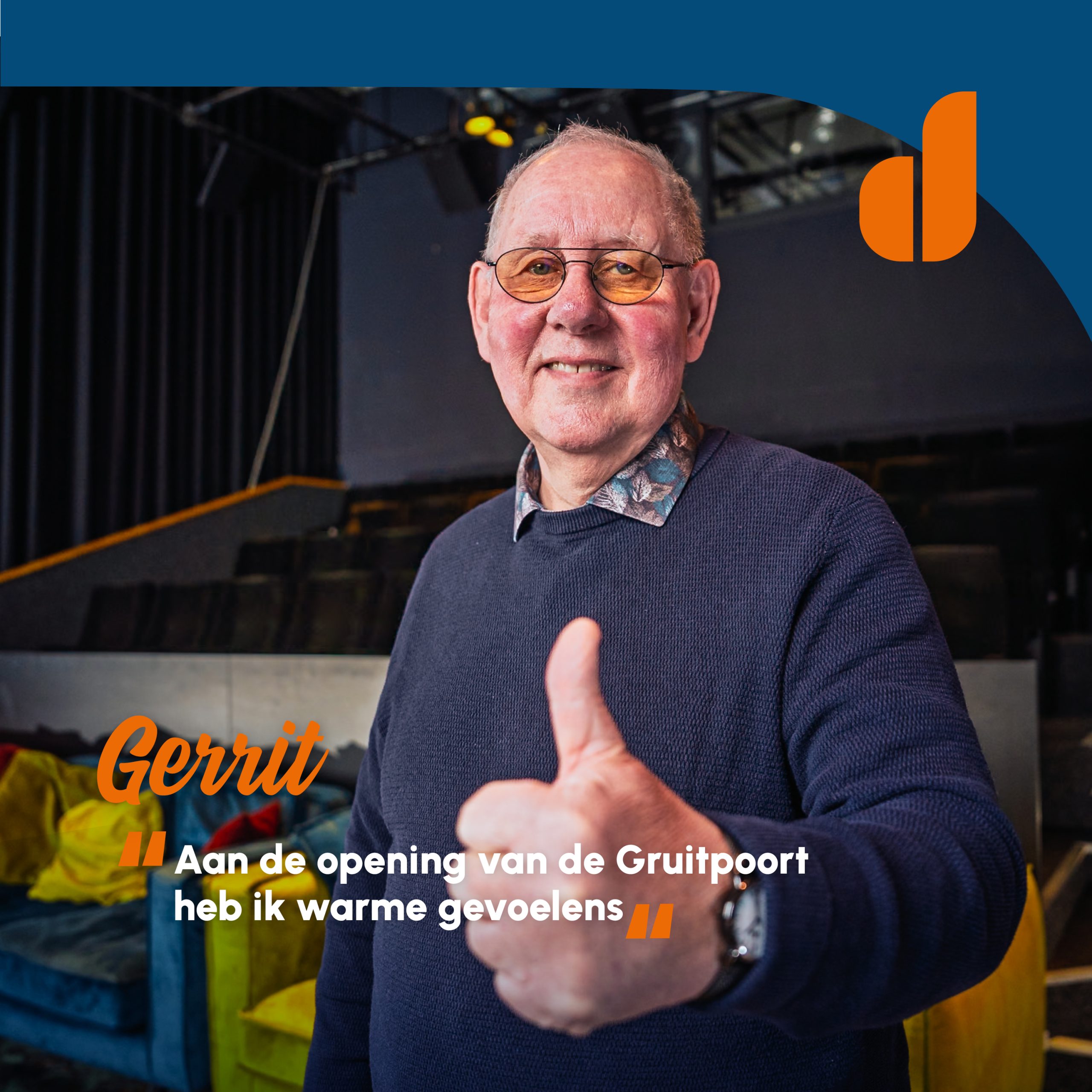 Portret van Echte Doetinchemmer Gerrit in het filmhuis bij de Gruitpoort met als bijschrift; 'Aan de opening van de Gruitpoort heb ik warme gevoelens'
