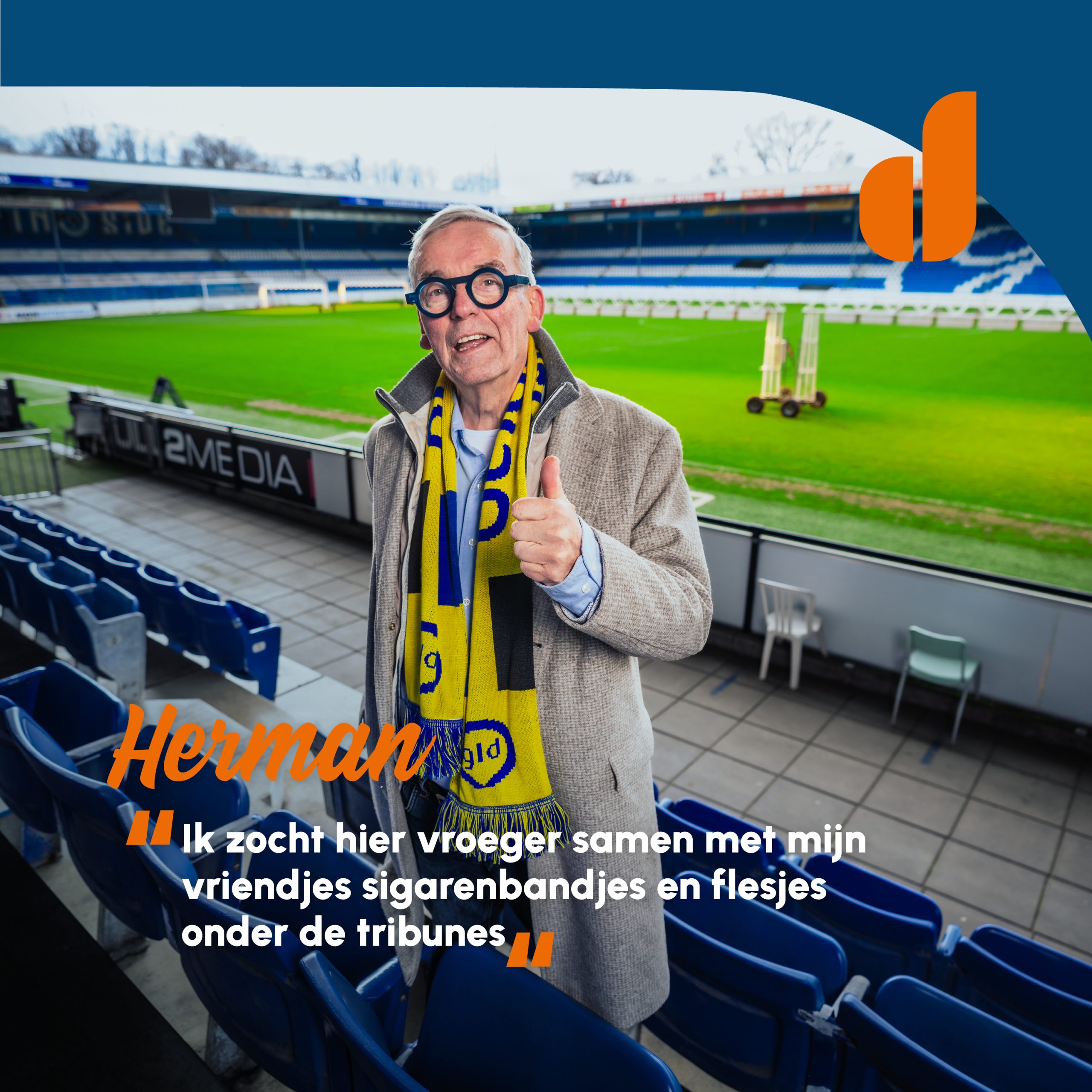 Portret van Echte Doetinchemmer Herman in Graafschap stadion De Vijverberg met als bijschrift; 'Ik zocht hier vroeger samen met mijn vriendjes sigarenbandjes en flesjes onder de tribunes'.