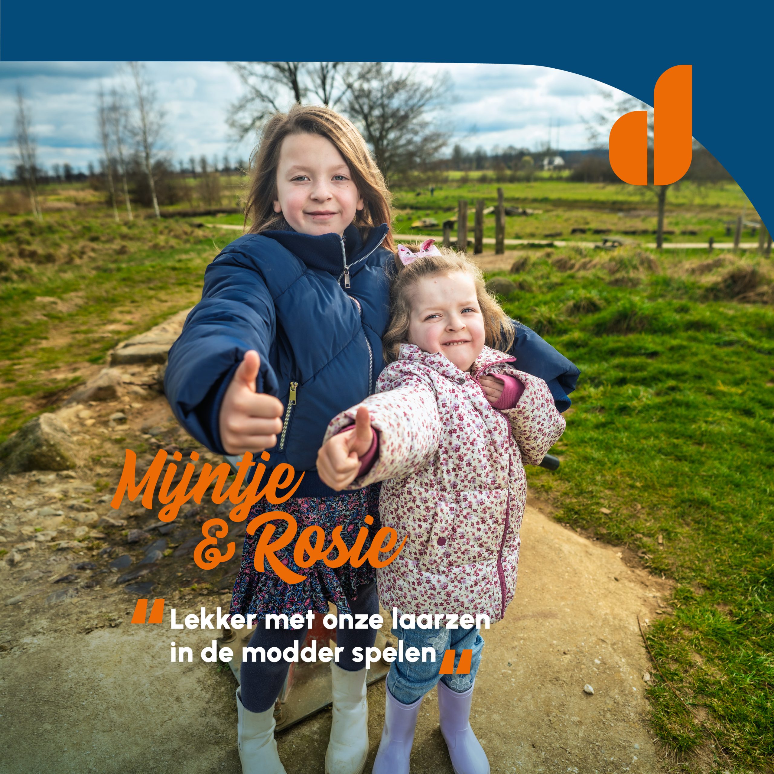Portret van Echte Doetinchemmers Mijntje en Rosie bij De Greephorst met als bijschrift; 'Lekker met onze laarzen in de modder spelen'.