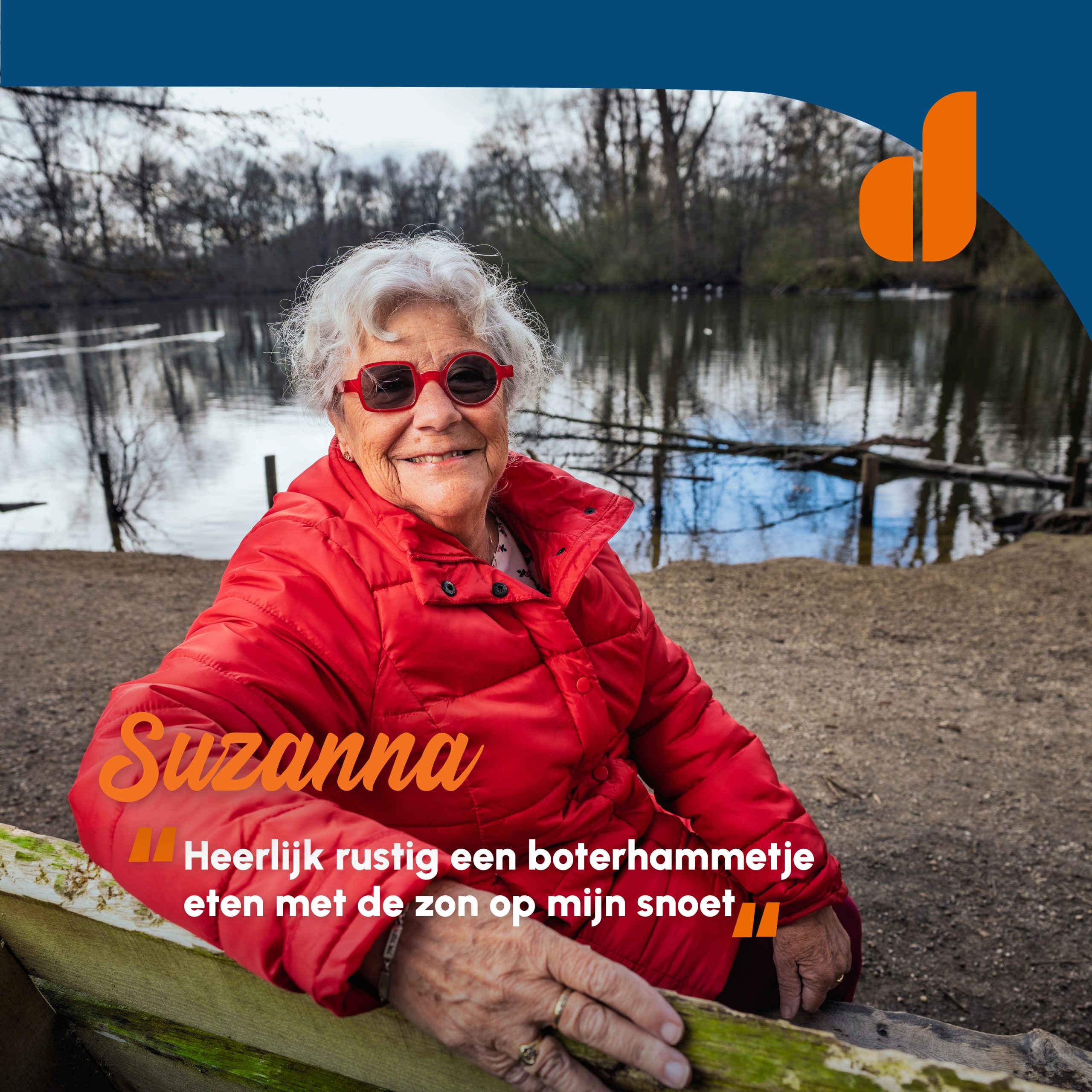 Portret van Echte Doetinchemmer Suzanna in park Overstegen met als bijschrift; 'Heerlijk rustig een boterhammetje eten met de zon op mijn snoet'