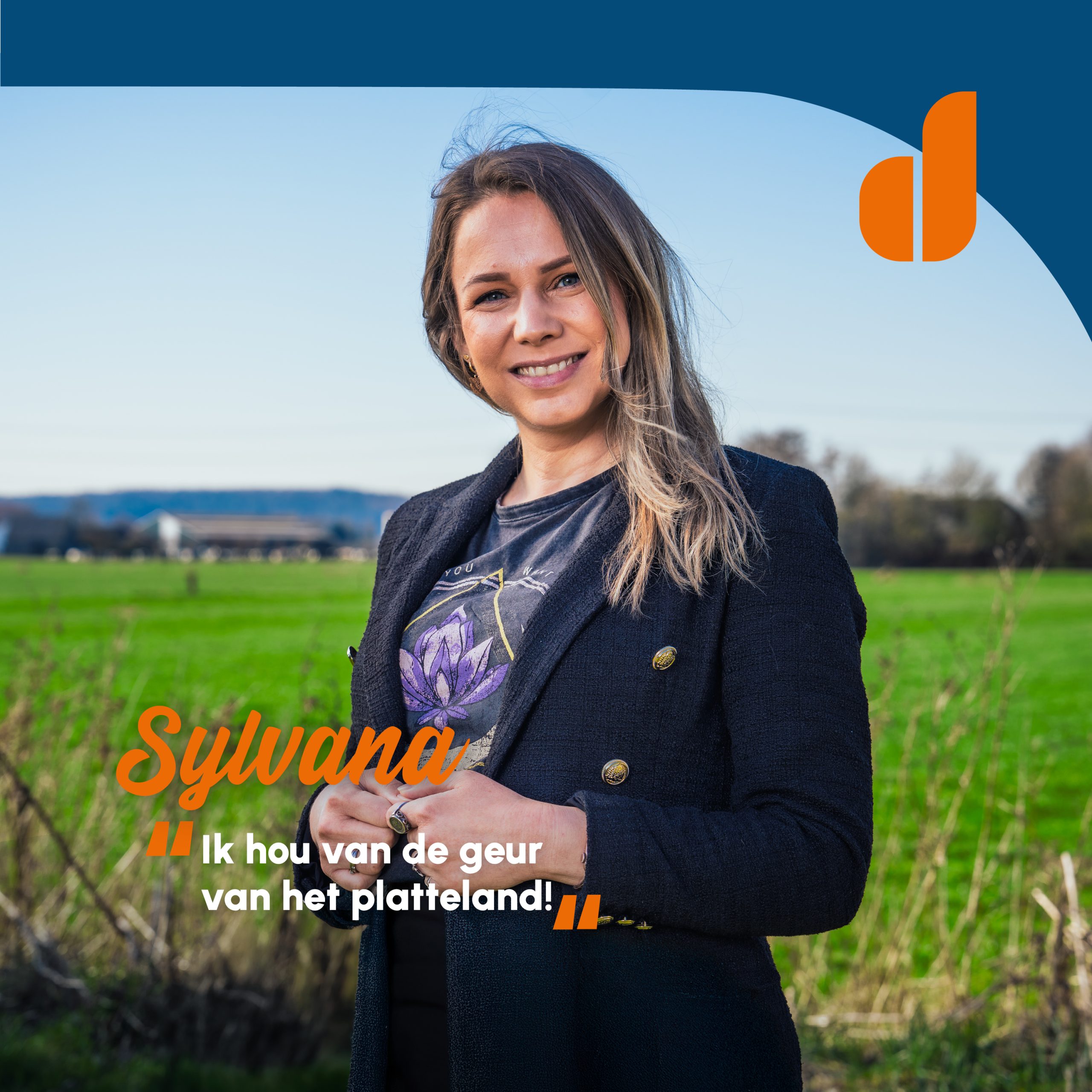 Portret van Echte Doetinchemmer Sylvana in een Doetinchems weiland met als bijschrift; 'Ik hou van de geur van het platteland'.