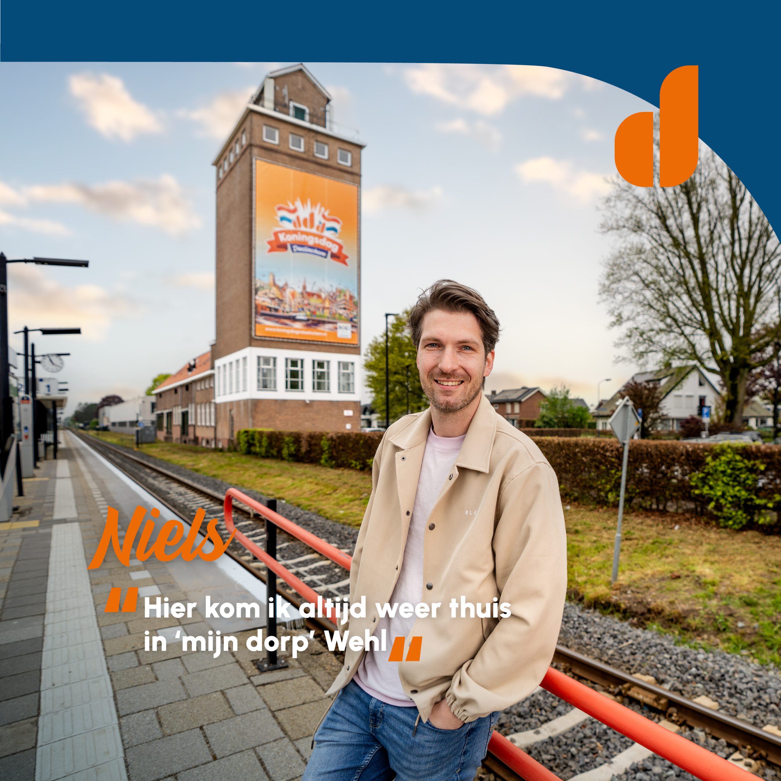 Portret van Echte Doetinchemmer Niels op het station in Wehl met als bijschrift: 'Hier kom ik altijd weer thuis in 'mijn dorp' Wehl'